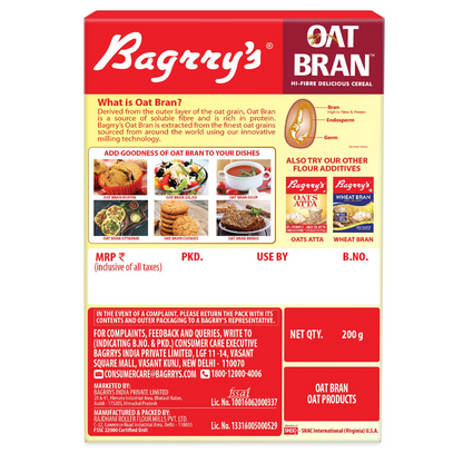 Bagrry's Oat Bran 200gm box | High in Fibre & Protein | Good Digestive Health | Helps Reduce Cholesterol & Manges Weight