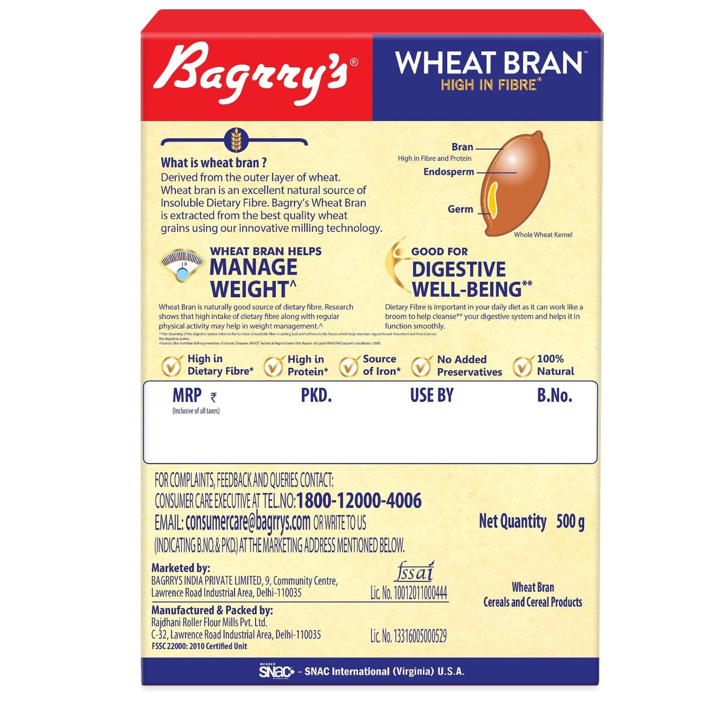 Bagrry's Wheat Bran 500 gm Box| High in Fibre & Protein | Helps Reduce Cholesterol & Manages Weight | Good Digestive Health