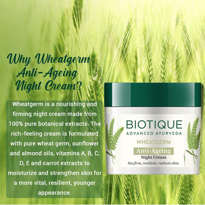 Biotique Wheat Germ Anti- Ageing Night Cream | Reduces Fine Lines | Lightens dark Spots | 100% Botanical Extracts | Suitable for All Skin Types | 50g