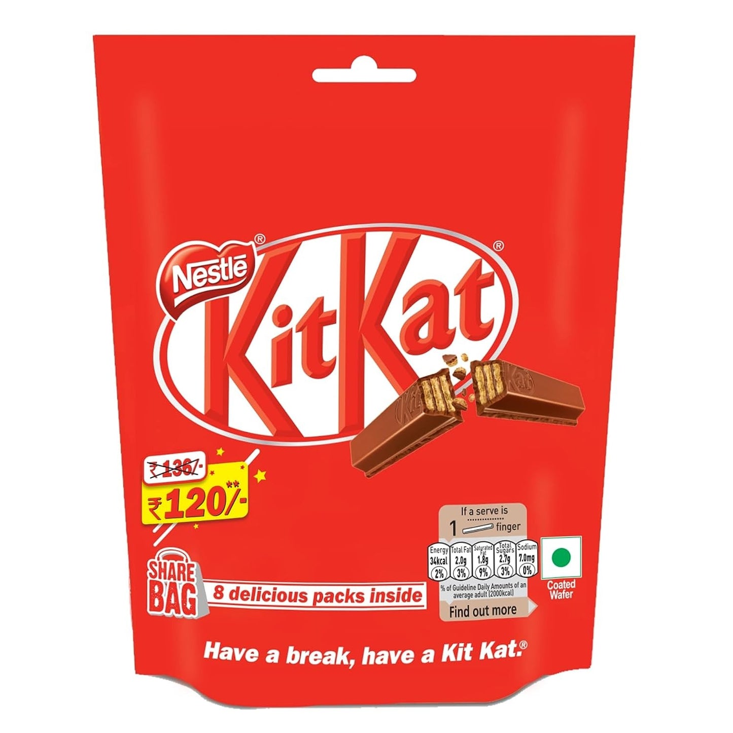 Nestlé Kitkat 2 Finger Wafer Bar Sharebag, 8 Units - 15.4 g each|123.2 g (Weight may vary upwards)