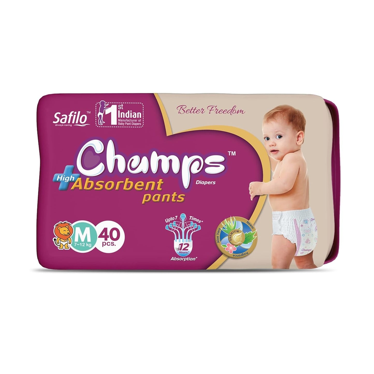 Champs Cotton Elastic Baby Diaper Breathable, Soft n Dry, Super Absorpation, Leakage Protection Pants for Babies_7 to 12 Kg_M_40 Pcs