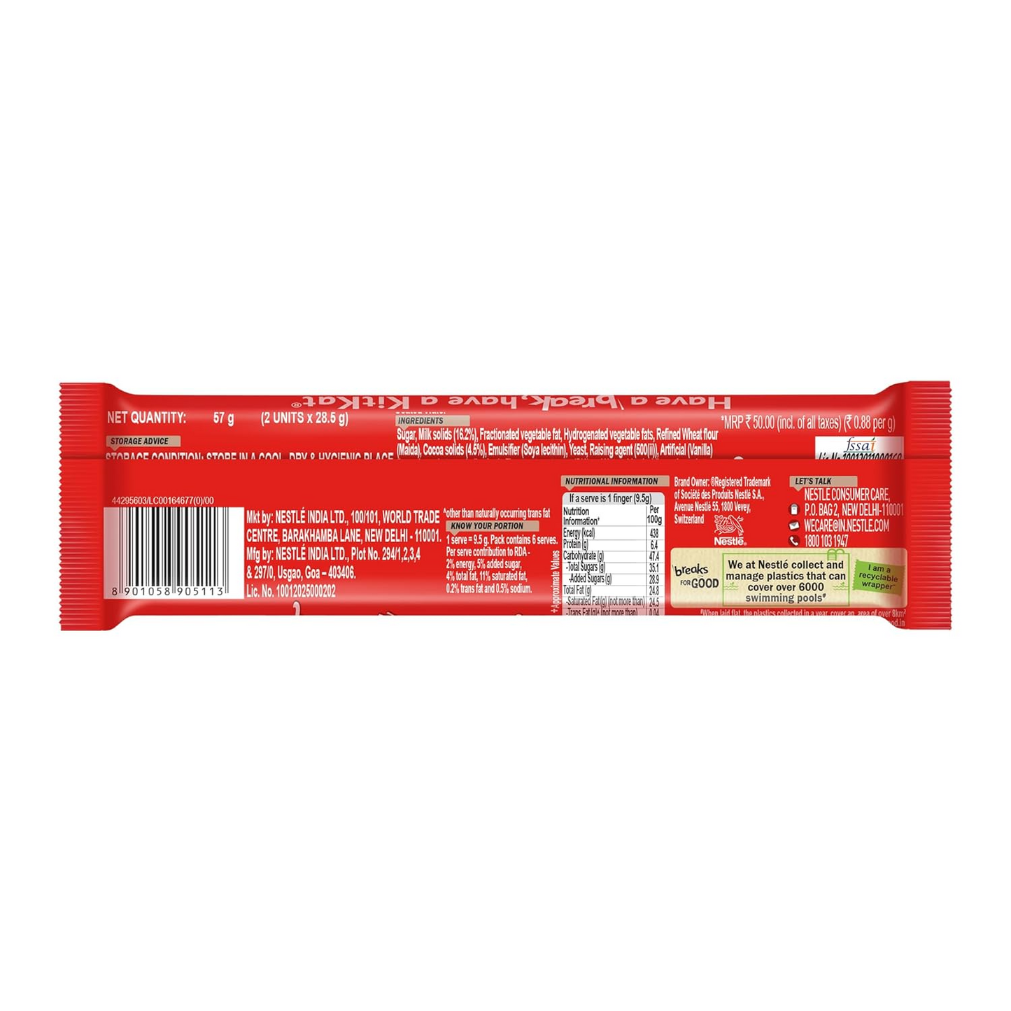 KIT KAT Share & Snap 2X3 Fingers Wafer Bar, 57 gram, Refined Wheat flour (Maida),?Sugar, Milk solids (16.2%), Chocolate