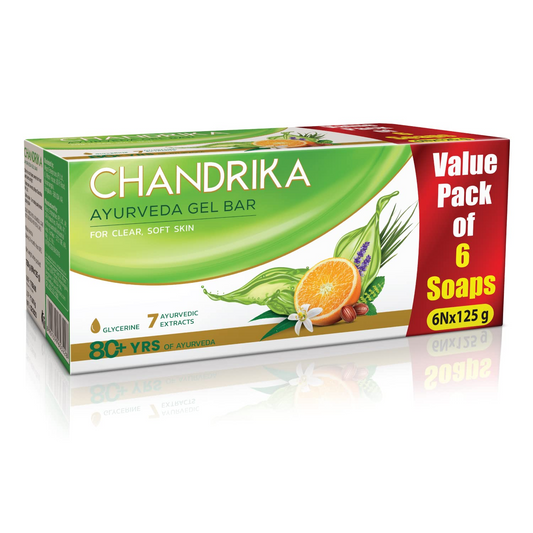 Chandrika Glycerine Ayurveda Gel Bar| Glycerine Bath Soap with Jojoba Oil for Moisturized Skin| For All Skin Types| 125g (Pack of 6)