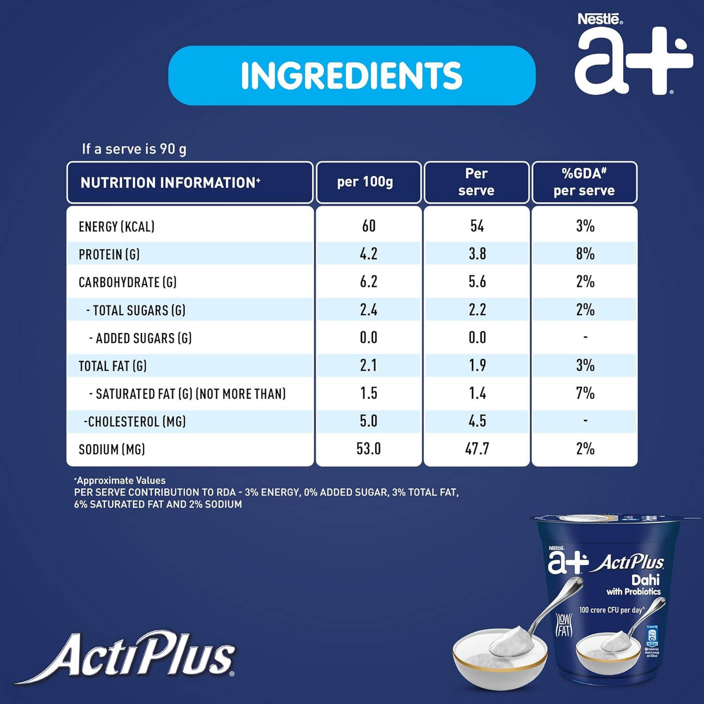 Nestle a+ Actiplus Dahi, 380 g Cup| Probiotic Curd