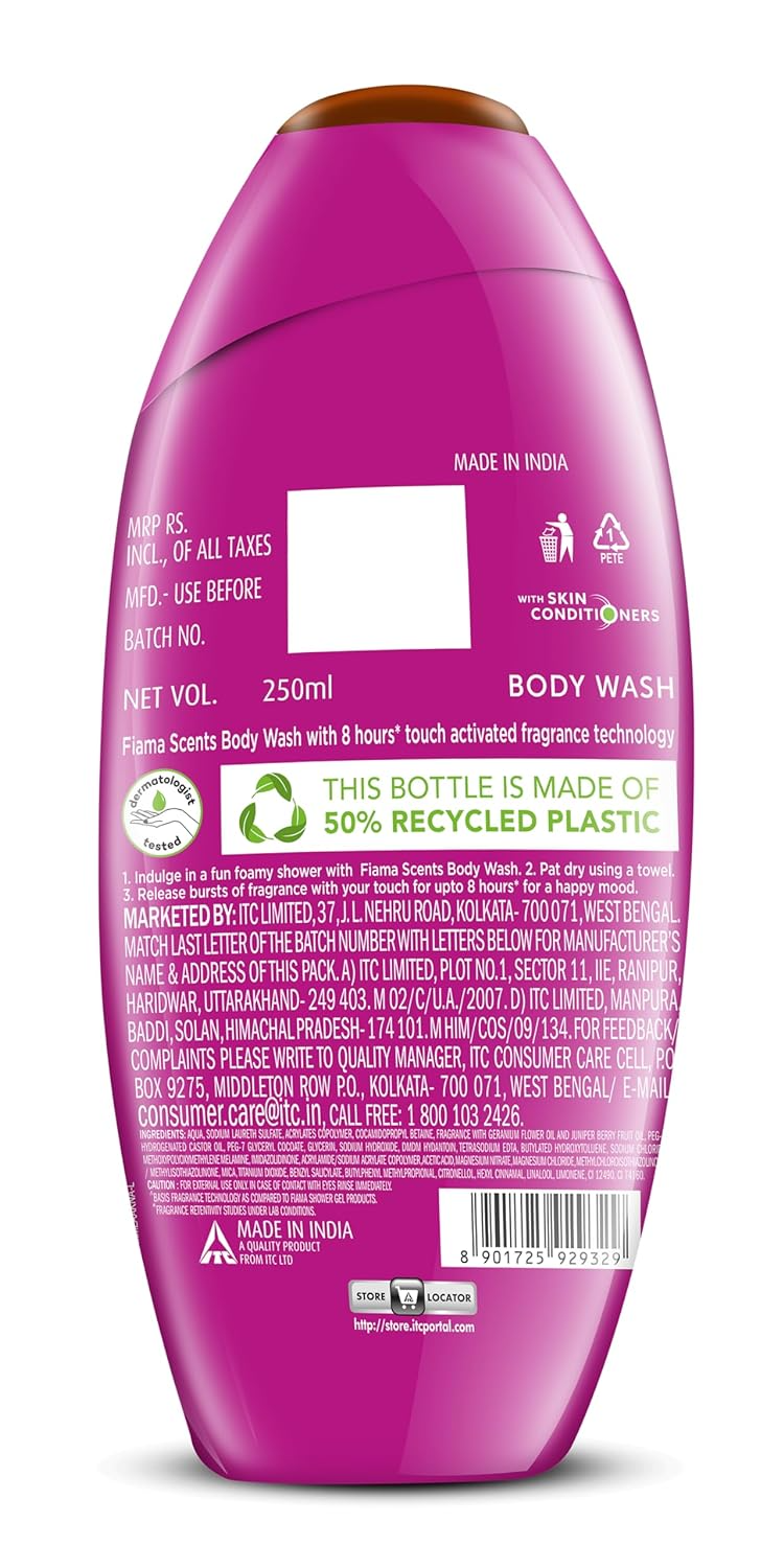 Fiama Scents Body Wash Shower Gel Juniper & Geranium, 250ml, Body Wash for Women & Men with Skin Conditioners|