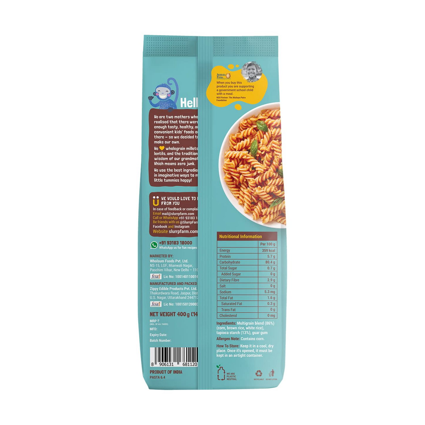 Slurrp Farm No Maida Mini Fusilli Pasta | Gluten Free & Multigrain | Healthy Pasta made with Brown Rice and Corn | 400 g