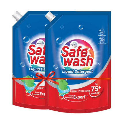 Safewash Gentle Premium Liquid Detergent with Active Fabric Conditioners| PH Neutral Formula for 7-in-1 Expert Care| 1L Pouch (Pack of 2)