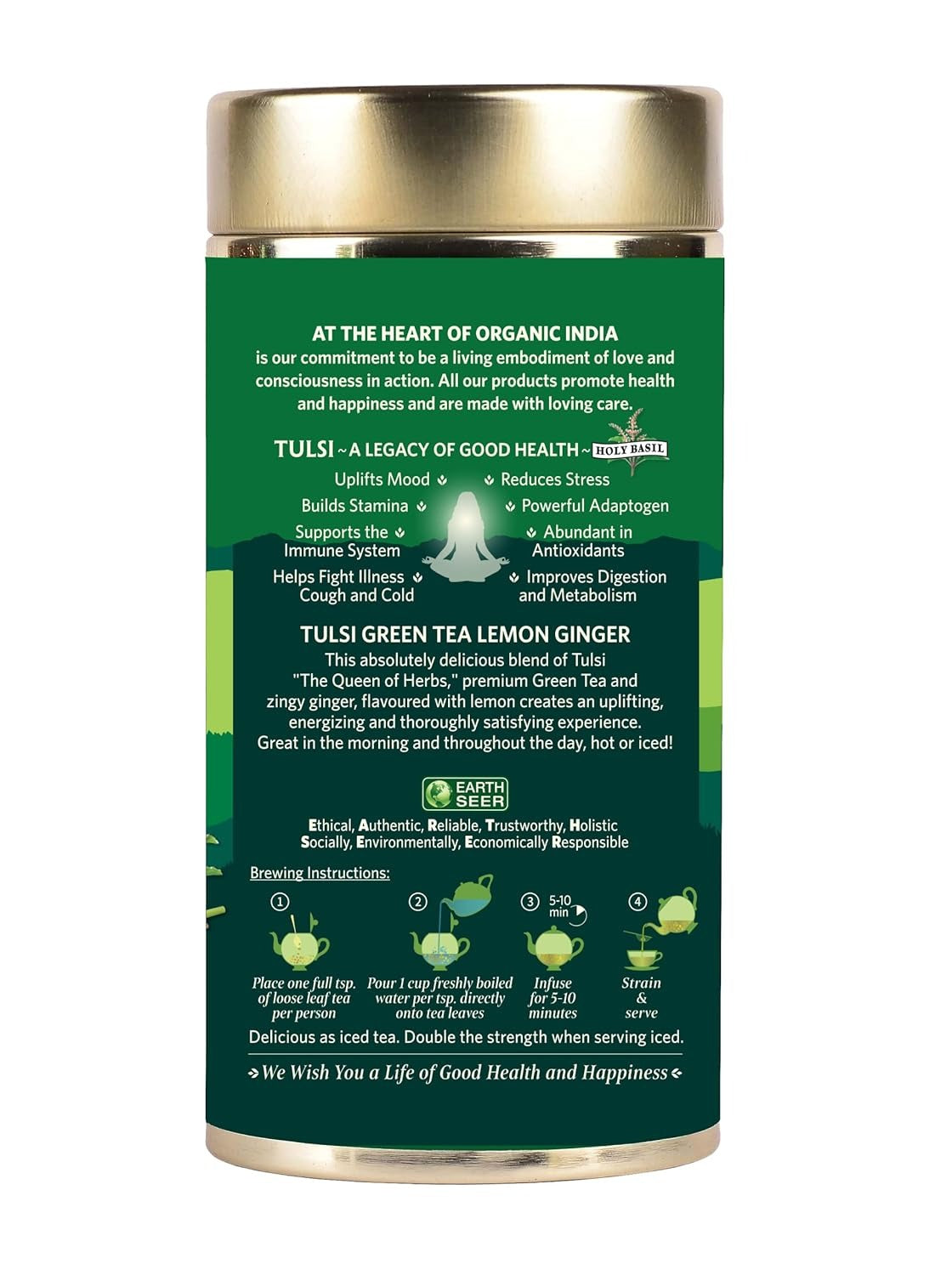 ORGANIC INDIA Tulsi Green Tea Lemon Ginger 100 gm tin