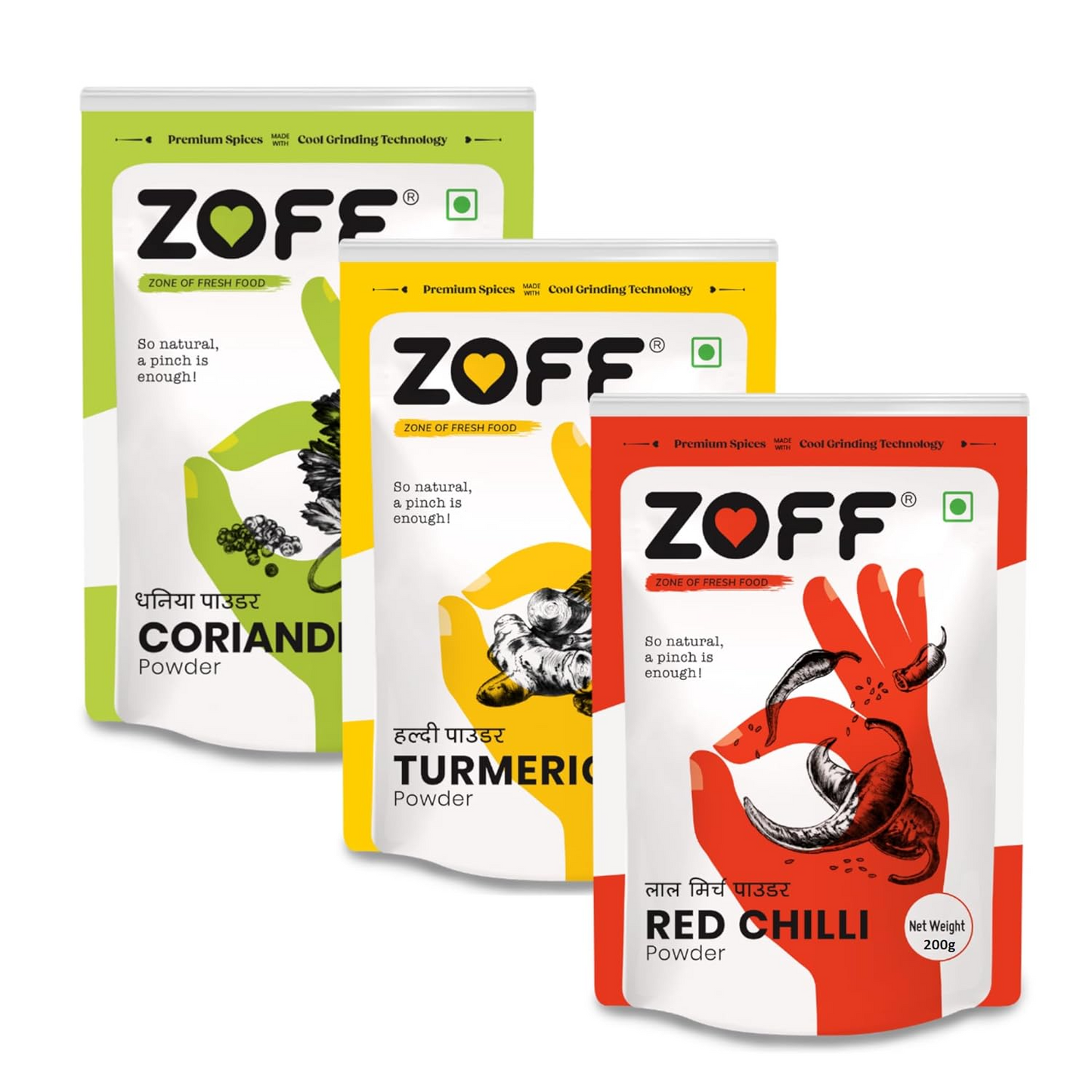 Zoff Red Chilli Powder, Turmeric Powder | Coriander Powder | Pack of 3  | Each 200g | Premium Zip Lock Pouch | 600g