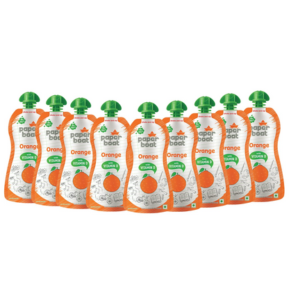 Paper Boat Orange Juice, Enriched with Vitamin D, No Added Preservatives and Colours (Pack of 9, 150ml each)