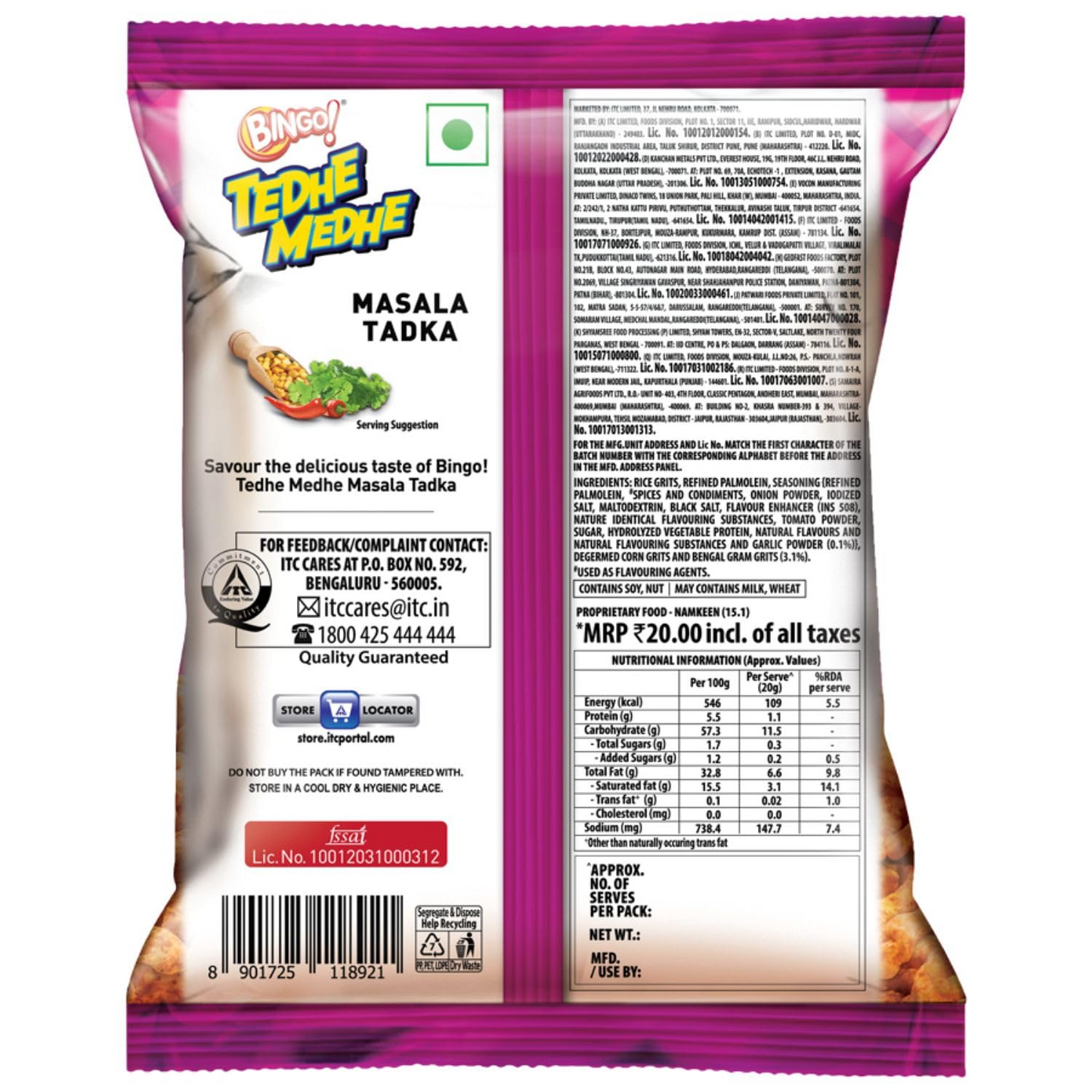 Bingo! Tedhe Medhe Masala Tadka, 90g, Spindle Shaped Crunchy Snack with Indian Masala Flavour Perfect for Snacking