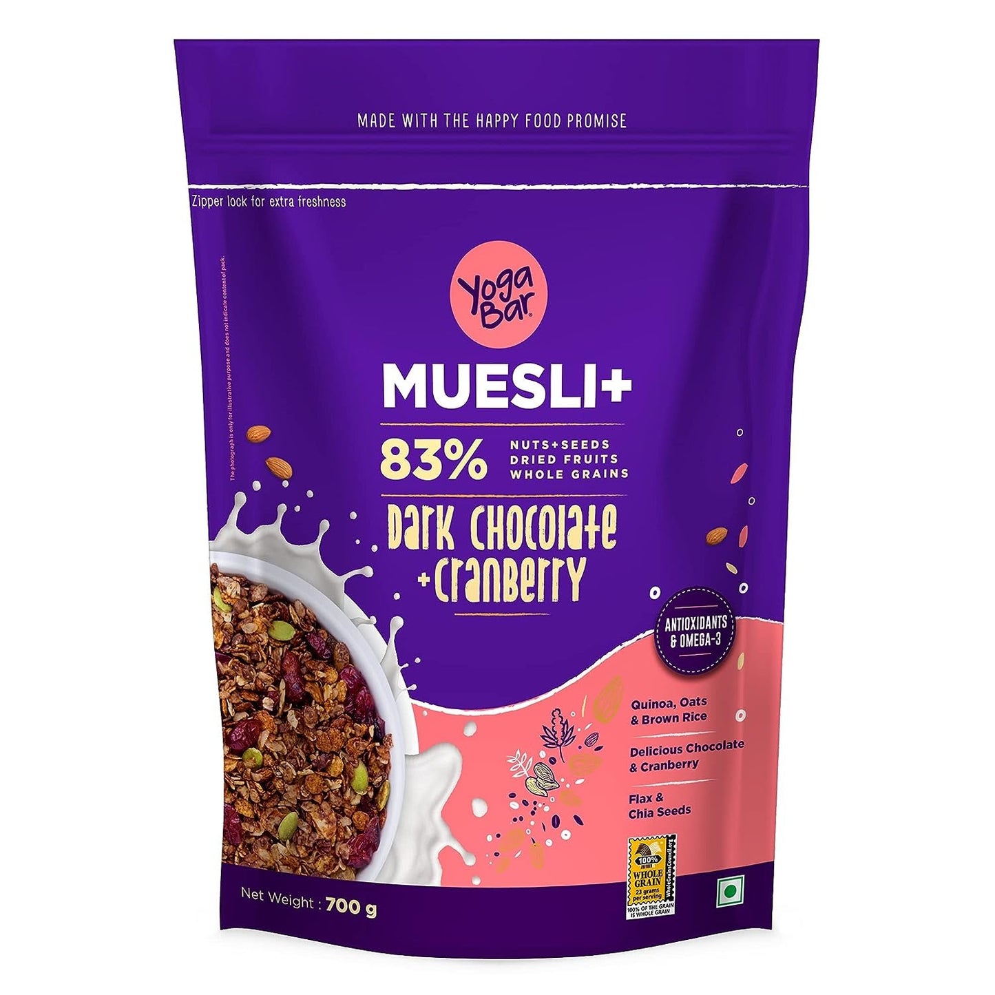 Yogabar Dark Chocolate & Cranberry Muesli 700g - Chocolate Muesli - Breakfast Cereal with 83% Nuts & Seeds, Dried Fruits, & Whole Grains