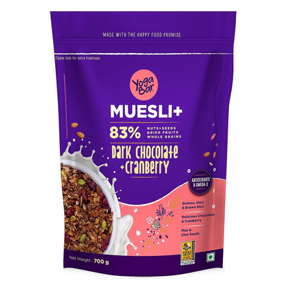 Yogabar Dark Chocolate & Cranberry Muesli 700g - Chocolate Muesli - Breakfast Cereal with 83% Nuts & Seeds, Dried Fruits, & Whole Grains