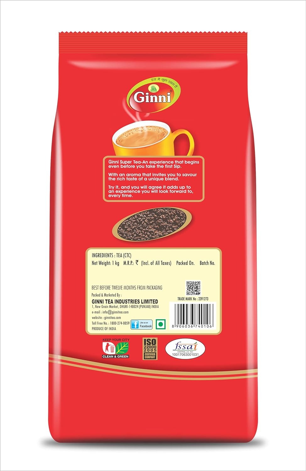 Ginni Super Premium Black Tea - CTC Leaf Tea | 1000gms | Pack of 1 | Granule Form | Farm Fresh | ZED & HACCP Certified