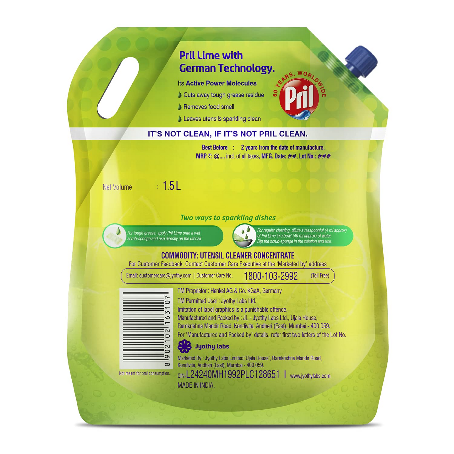 Pril Lime Grease Fighter 1.5 L | Insta Clean | With Active Power molecules that removes grime with ease | Zero White Residue.