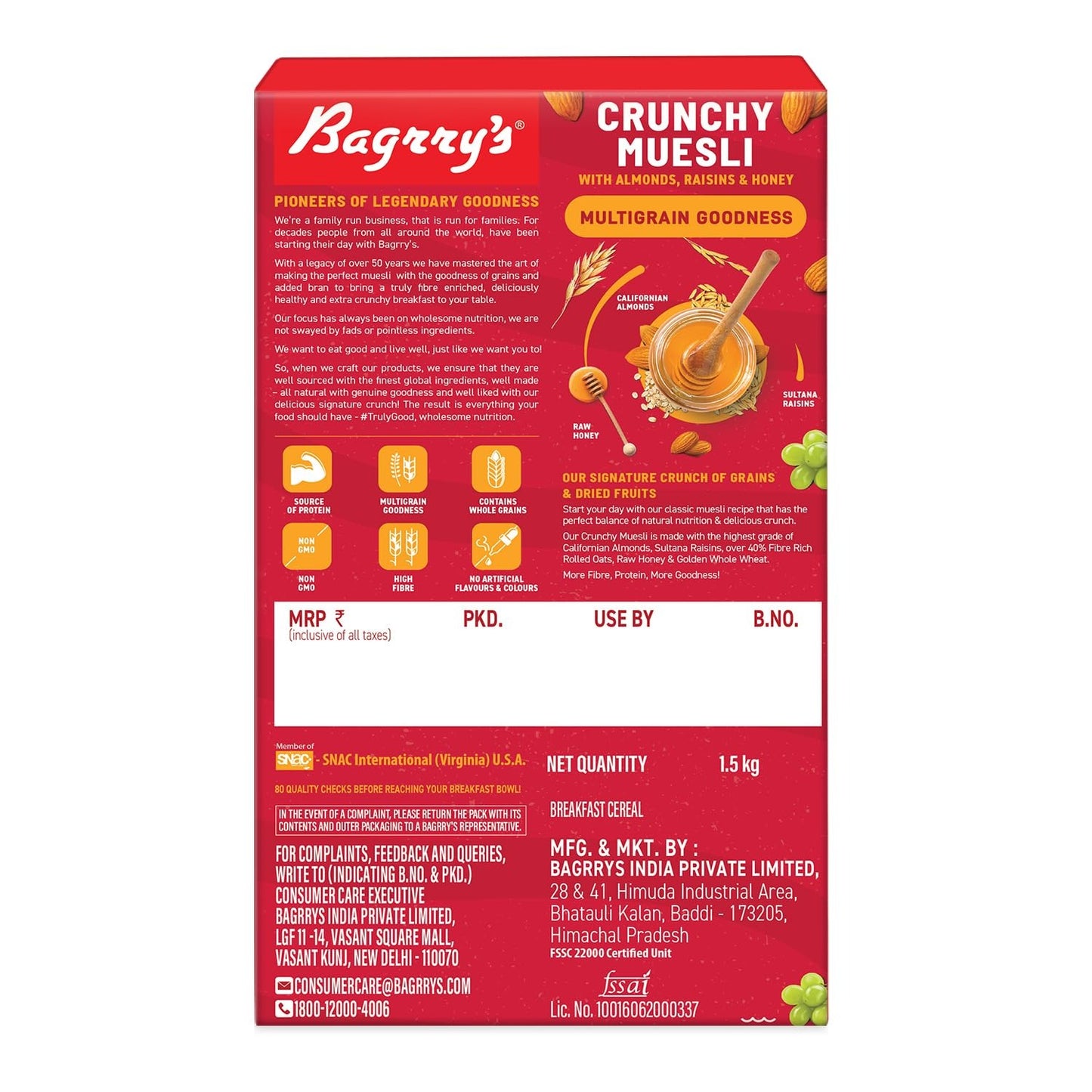 Bagrry's Crunchy Muesli 1.5kg Box| 40% Fibre Rich Oats with Bran | 82% Multi Grains, Almonds, Raisins & Honey | Breakfast Cereal | All Natural Muesli