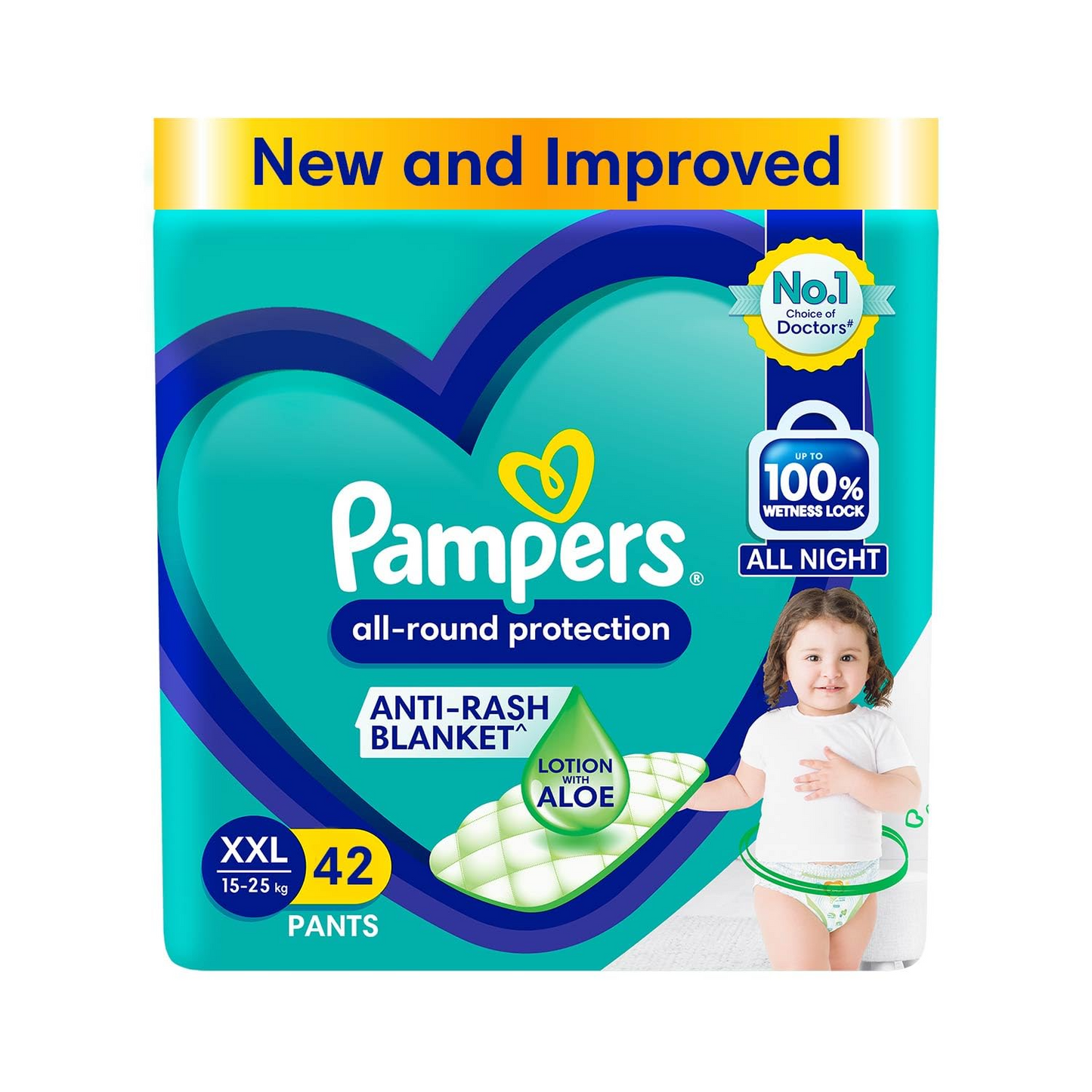 Pampers All round Protection Pants Style Baby Diapers, XX-large (XXL) Size, 42 Count, Anti Rash Blanket, Lotion with Aloe Vera, 15-25kg Diapers