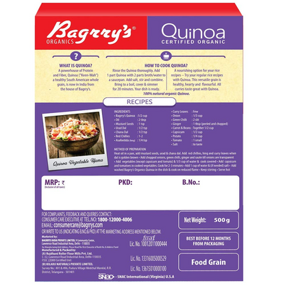 Bagrry's 100% Organic Quinoa 500gm box | Gluten Free | Omega-3 | High in Fiber & Protein | All Natural Quinoa