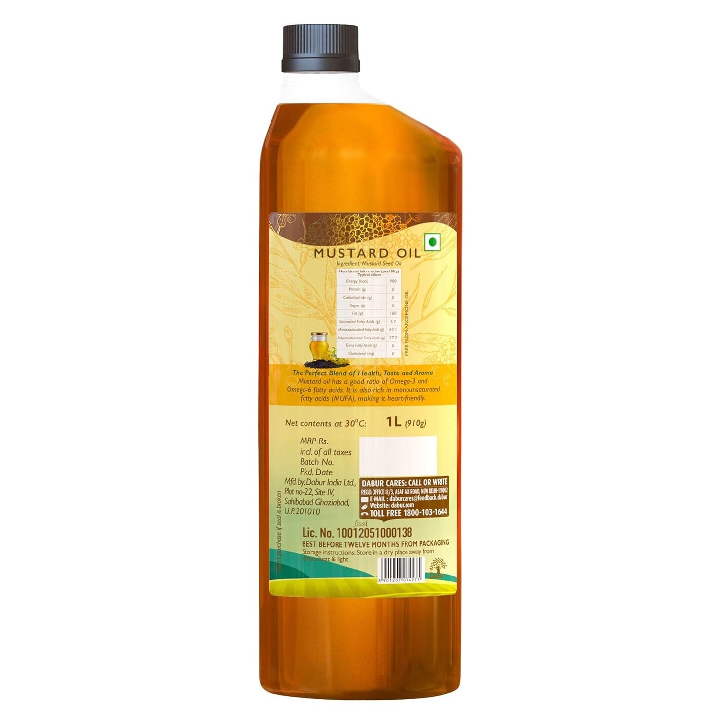 Dabur Cold Pressed Mustard Oil 1L | Healthy Cooking Oil | Goodness of Omega 3 & 6 | Perfect blend of Health, Taste & Aroma