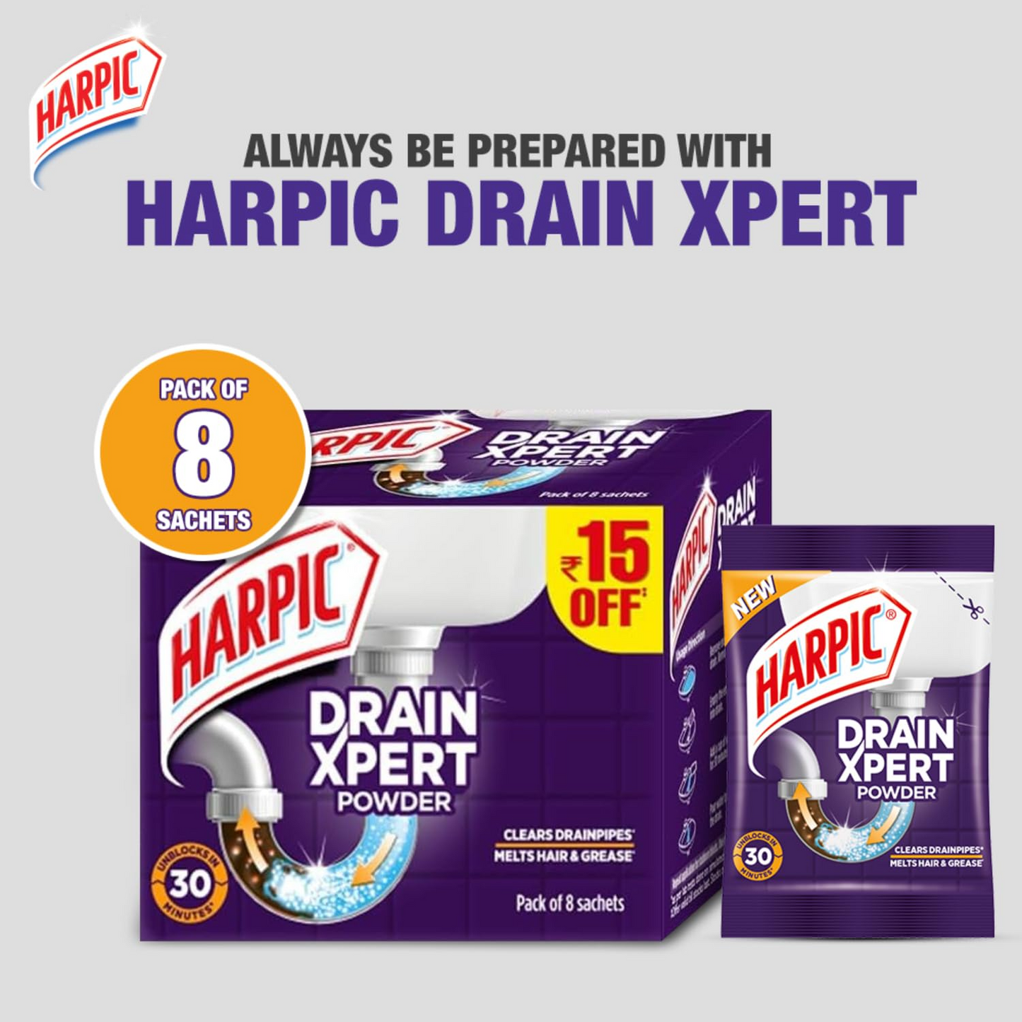 Harpic (50g x 8), Drain Xpert Drain Cleaner Powder | Effective Sink Cleaner, Drain Blockage Remover, Drain Pipe Cleaner