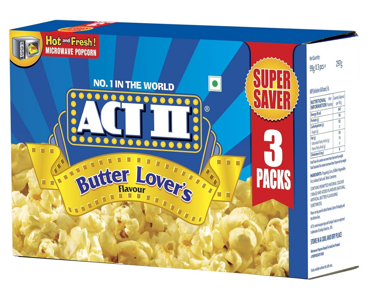 Act II Microwave Popcorn Butter Lovers, 297g (Pack of 3)