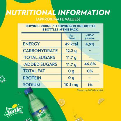 Sprite Lemon-Lime Flavoured Cold Drink | Refreshing Taste | Clear Soft Drink with No Added Colours | Recyclable PET Bottle, 250 ml (Pack of 8)