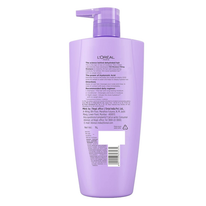 L'Oreal Paris Moisture Filling Shampoo, With Hyaluronic Acid, For Dry & Dehydrated Hair, Adds Shine & Bounce, Hyaluron Moisture 72H, 1L