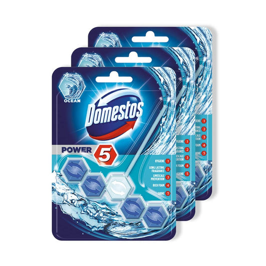 Domestos Power 5 Toilet cleaning Rim Block |Ocean Limescale Removal with Long Lasting Fragrance | for Hygiene & Shine | Imported 55g Pack of 3