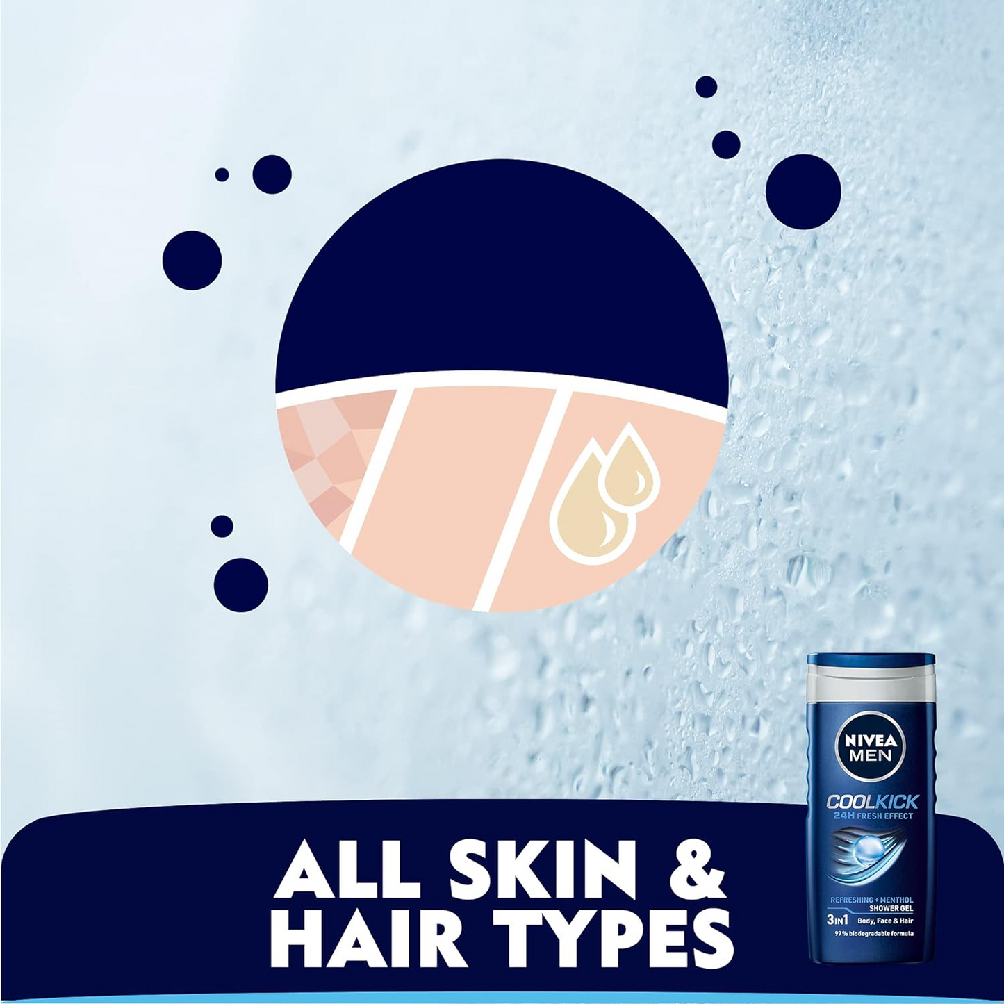 NIVEA MEN Cool Kick 250ml Body Wash| Shower Gel for Face, Body & Hair| Refreshing Icy MENthol|24 H Freshness |For All Skin & Hair Types