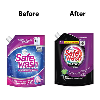 Safewash Front Load Matic Premium Liquid Detergent with Colour-Protect Technology | 2x Stain Removal | For All Types of Fabrics| 2L Refill Pouch