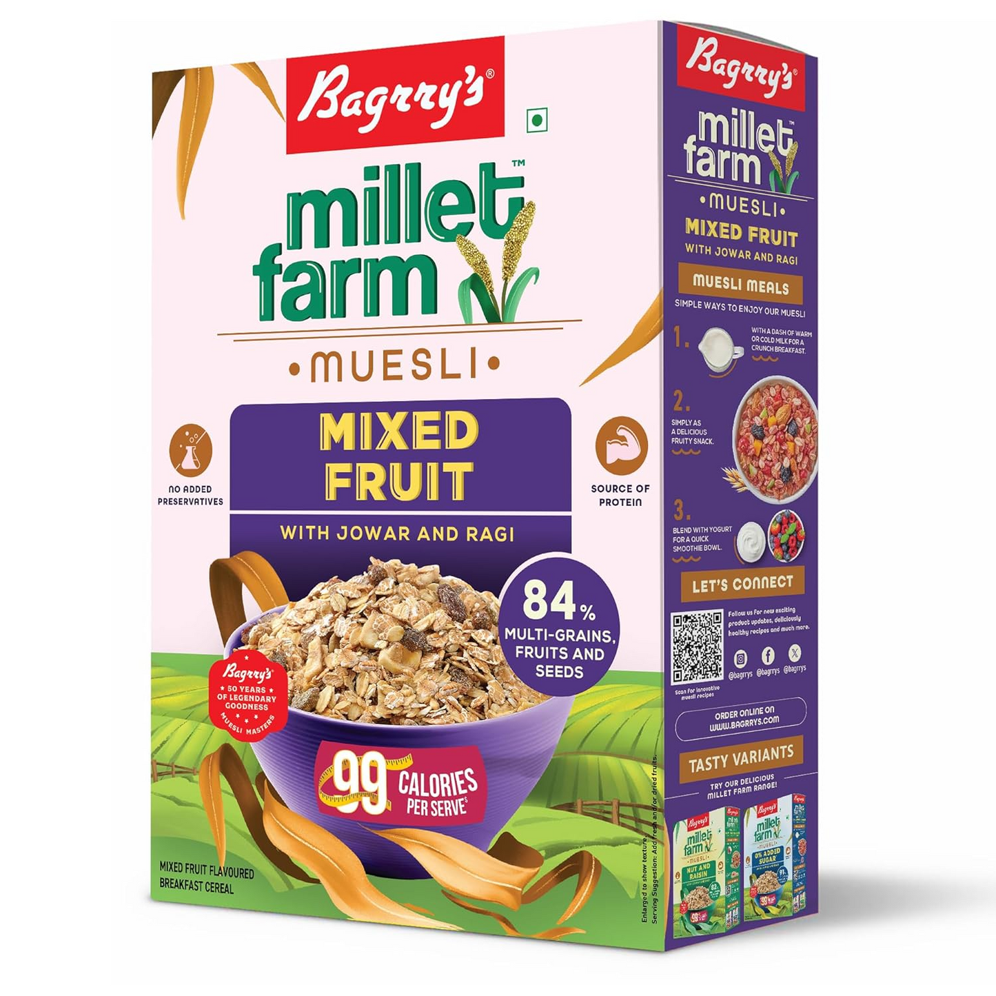 Bagrry’s Millet Farm, 0% Added Sugar Millet Muesli, 500g| Ragi, Jowar, Wheat, Rolled Oats, Fruit, Nuts, Seeds|