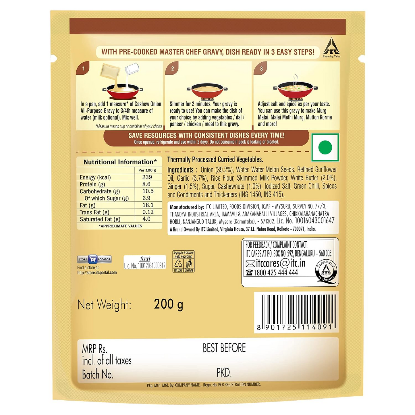 ITC Master Chef Cashew Onion All-Purpose Gravy 200g, Ready to Cook Indian Base Masala Curry Paste