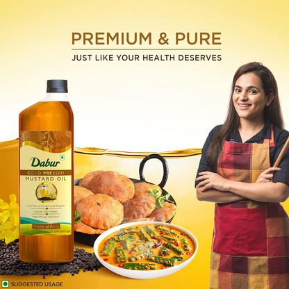 Dabur Cold Pressed Mustard Oil 1L | Healthy Cooking Oil | Goodness of Omega 3 & 6 | Perfect blend of Health, Taste & Aroma