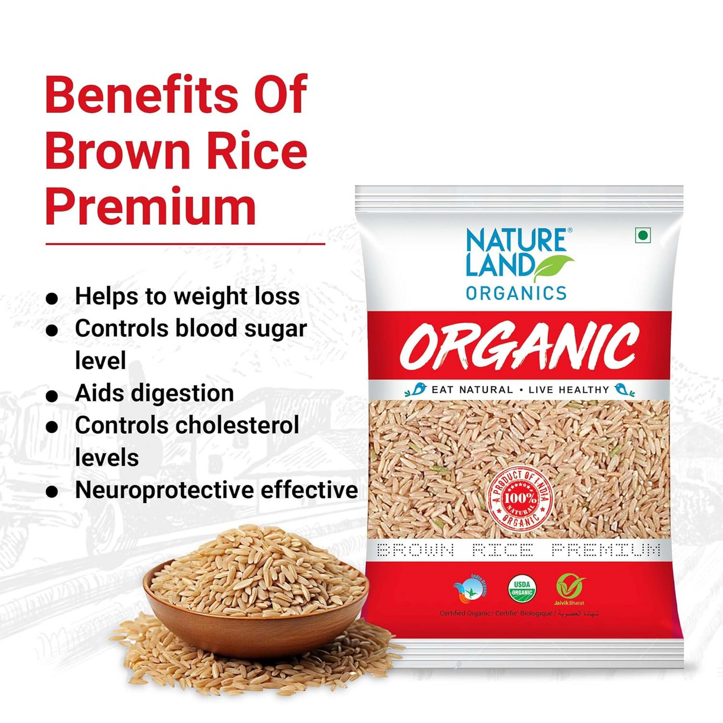 Natureland Organics Brown Rice Premium 1 Kg - Organic Healthy Rice