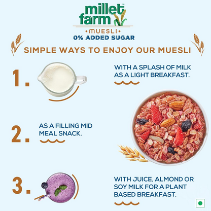 Bagrry’s Millet Farm, 0% Added Sugar Millet Muesli, 500g| No Added Sugar, Multigrain Millet Muesli with Ragi, Jowar, Wheat, Rolled Oats, Fruit, seeds