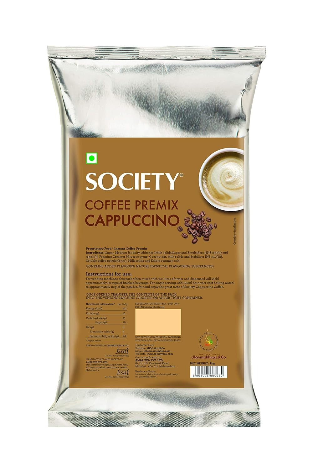 Society Tea Coffee Cappuccino Premix Pouch, 1 Kg, Pouch