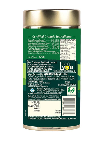 ORGANIC INDIA Tulsi Green Tea Lemon Ginger 100 gm tin