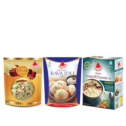 Bambino Instant Mixes Combo - Pack of 3 Contains Rava Idli Mix (1packet-500gms), Vermicelli Kheer Mix - (1 packet-180gms), Upma Mix- (1 packet-180gms)