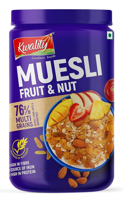 Kwality Muesli Fruit & Nut 1Kg Jar | 76% Multi Grains | No Maida | Natural Source of Vitamin & Iron | Healthy Food & Breakfast Cerea