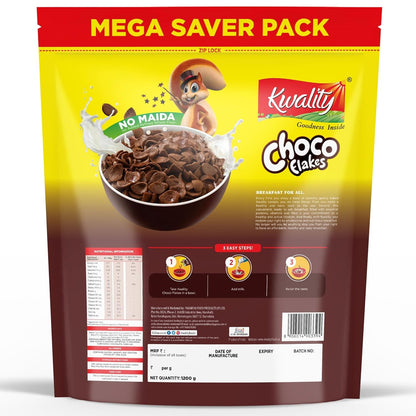 Kwality Choco Flakes 1kg | Made with Whole Wheat, 0% Maida | Source of Protein & Fiber |Healthy Food & Breakfast Cereal for Kids