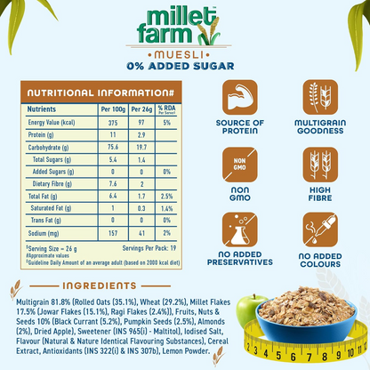 Bagrry’s Millet Farm, 0% Added Sugar Millet Muesli, 500g| No Added Sugar, Multigrain Millet Muesli with Ragi, Jowar, Wheat, Rolled Oats, Fruit, seeds