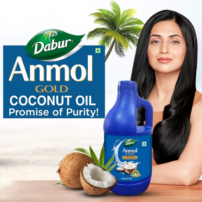 Dabur Anmol Gold 100 % Pure Coconut Oil - 1L | Natural | Nariyal Tel | Handpicked Sundried Coconuts | Multipurpose Oil