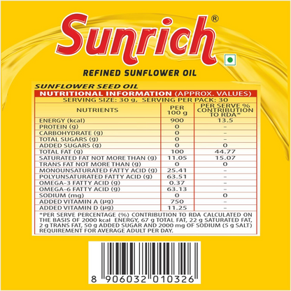 Sunrich Sunflower Oil 1 L Pouch, Edible Oil for Cooking & Frying, Everyday Kitchen Use, Vegetable Oil