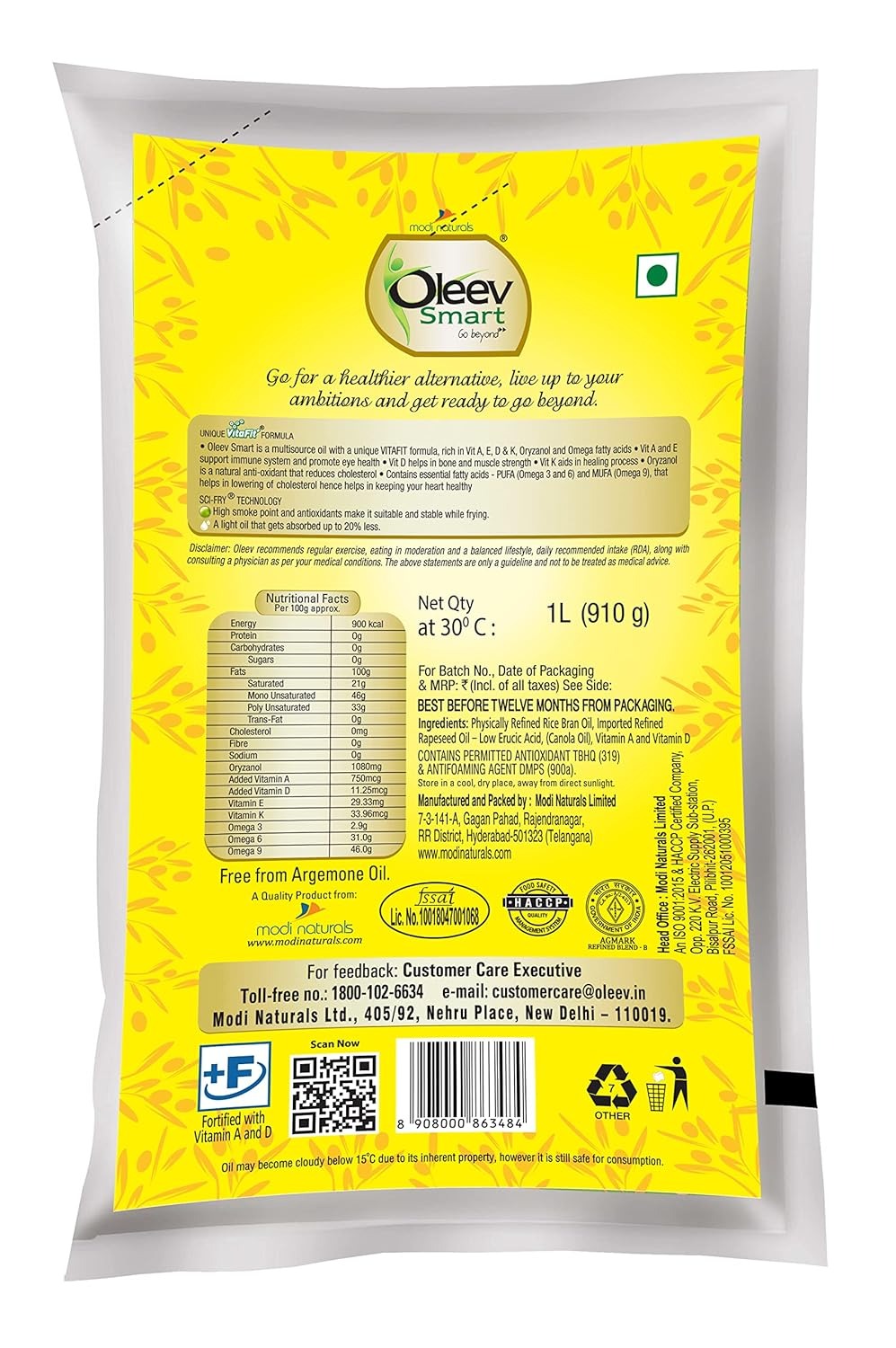 Oleev Smart Oil, Fortified with VIT A, D, E and K, 1L Pouch