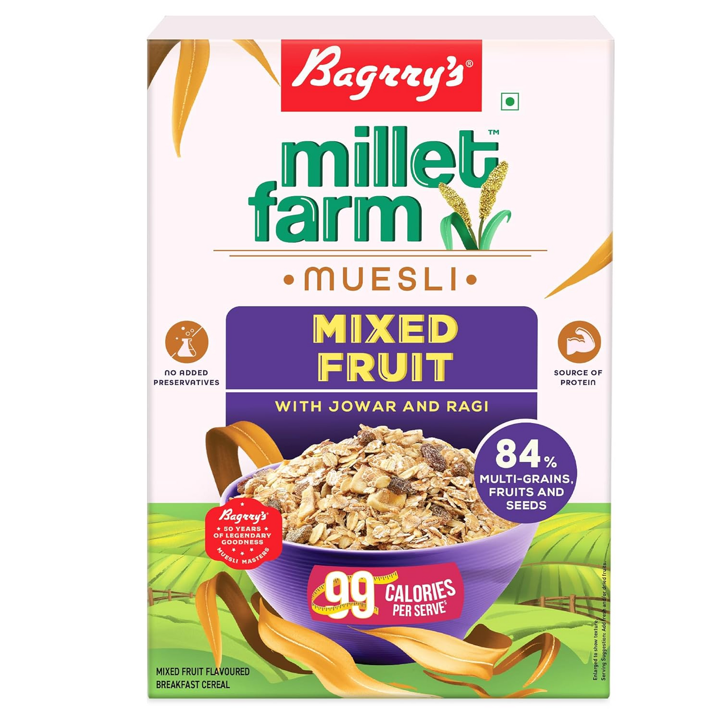 Bagrry’s Millet Farm, 0% Added Sugar Millet Muesli, 500g| Ragi, Jowar, Wheat, Rolled Oats, Fruit, Nuts, Seeds|