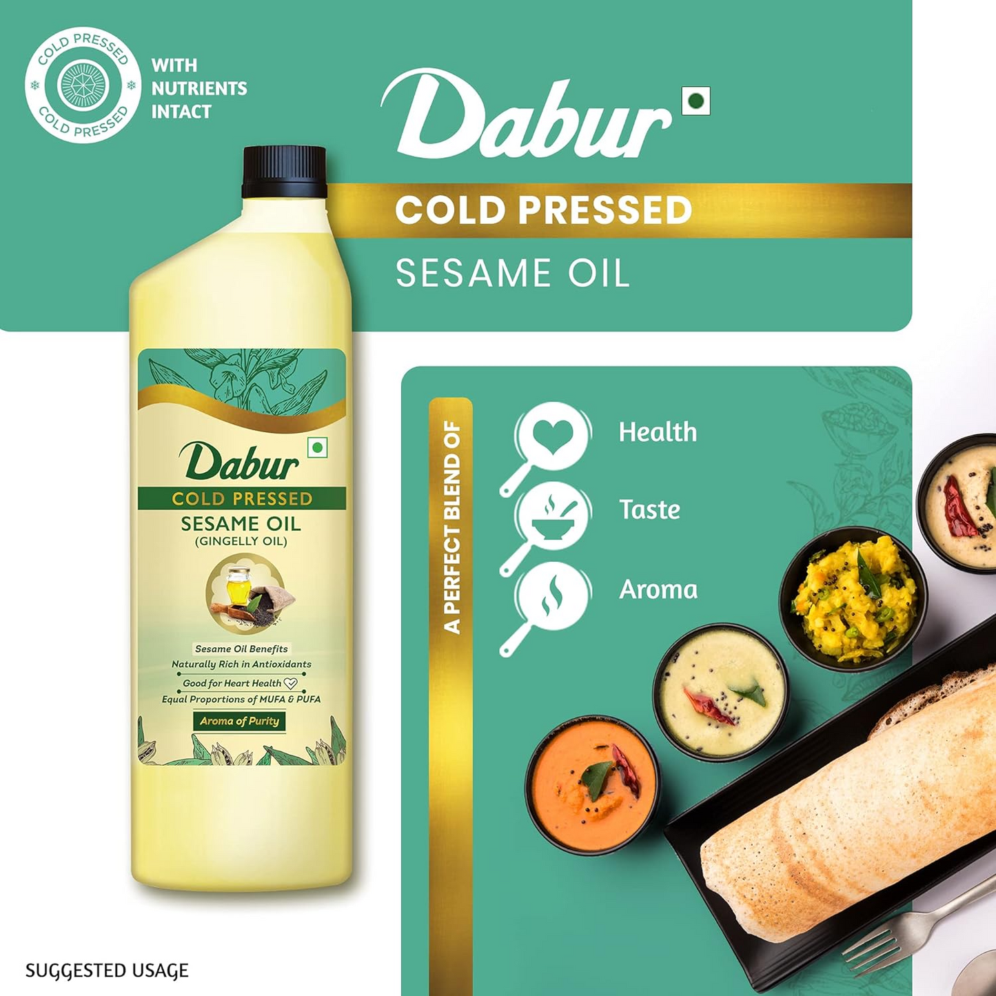 Dabur Cold Pressed Sesame(Gingelly/Til) Cooking Oil - 1L | Helps in Lowering Cholestrol & Improves Heart Health |