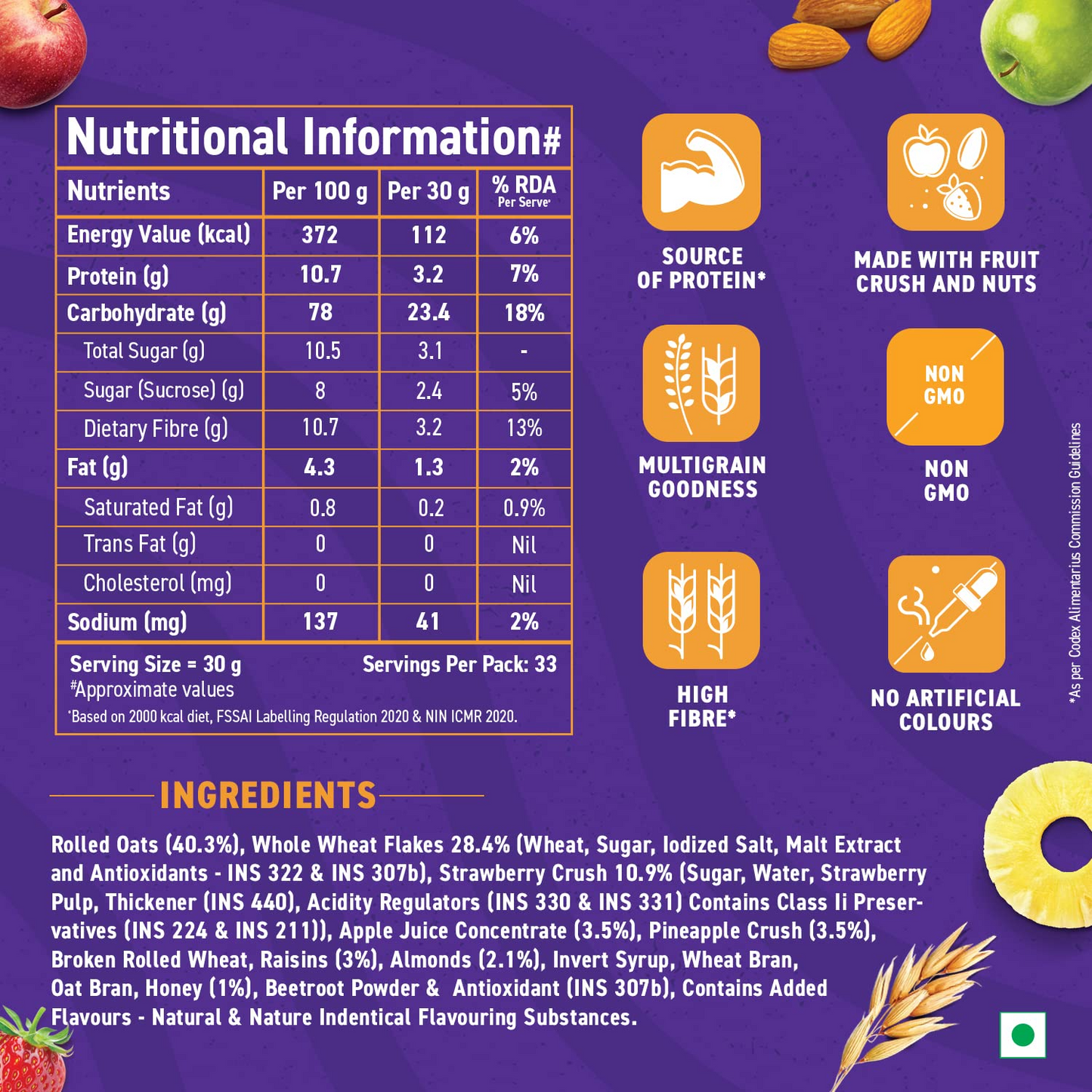 Bagrry's Fruit N Fibre Muesli, Mixed Fruit, 1000g