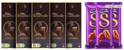 Cadbury Dairy Milk Silk Chocolate Bar, 150G (Pack Of 3) & Cadbury Bournville Rich Cocoa Dark Chocolate Bar, 80 Gm (Pack Of 5)