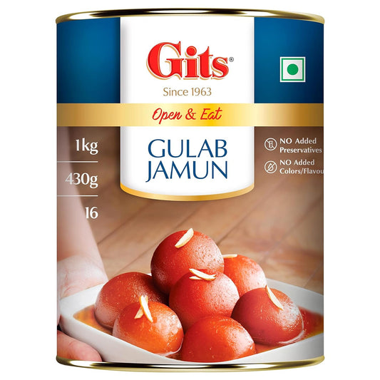 Gits Open & Eat Gulab Jamun Tin, 16 Pieces per Can, Mouth-Watering Indian Mithai, 1Kg