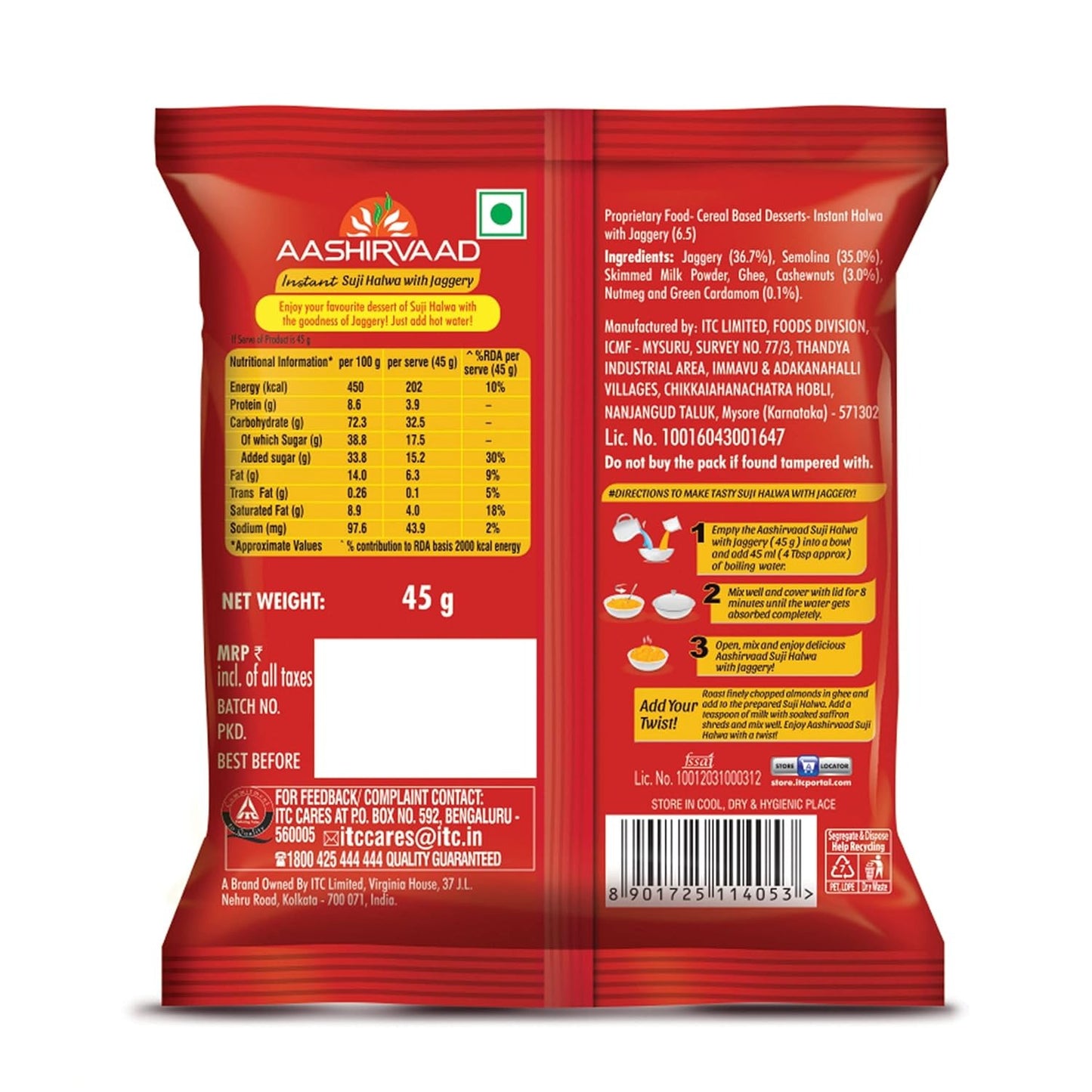 Aashirvaad Instant Meals Suji Halwa with Jaggery Pouch 45g